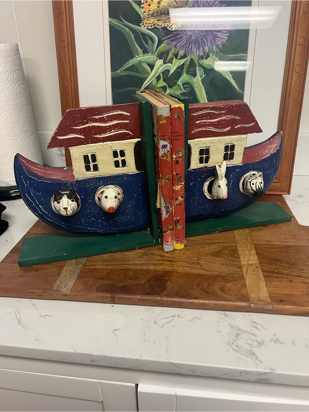 Vintage Hand Carved Wooden Noah's Ark Bookends Set - 2pc